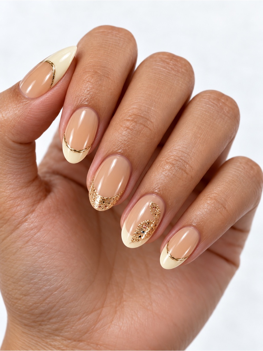 Nude & Gold French Tip Press-On Nails with Leaf Accents
